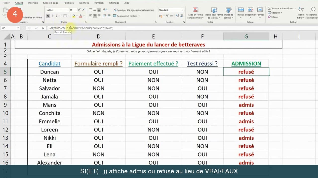 Formule SI(ET) visible dans la barre de formule Excel et colonne ADMISSION affichant admis ou refuse sur chaque ligne