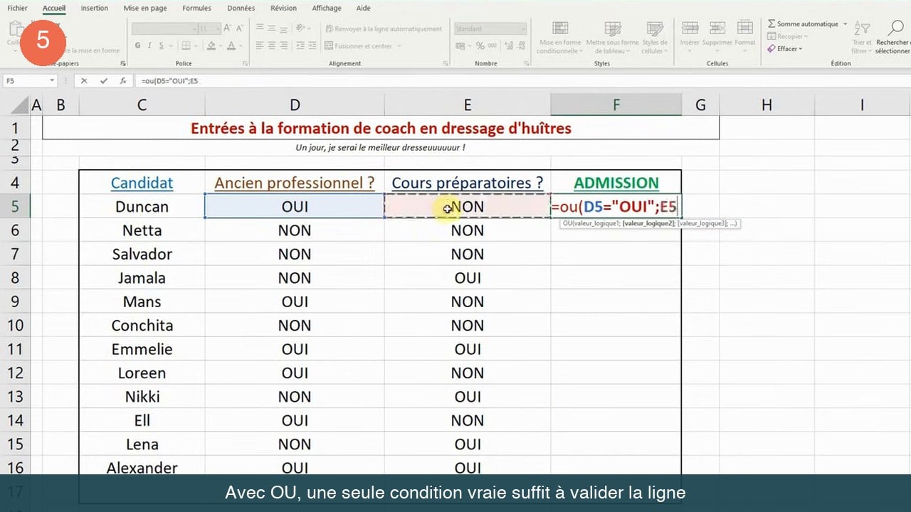 Saisie de la fonction OU dans un second tableau Excel comportant les colonnes Ancien professionnel et Cours preparatoires