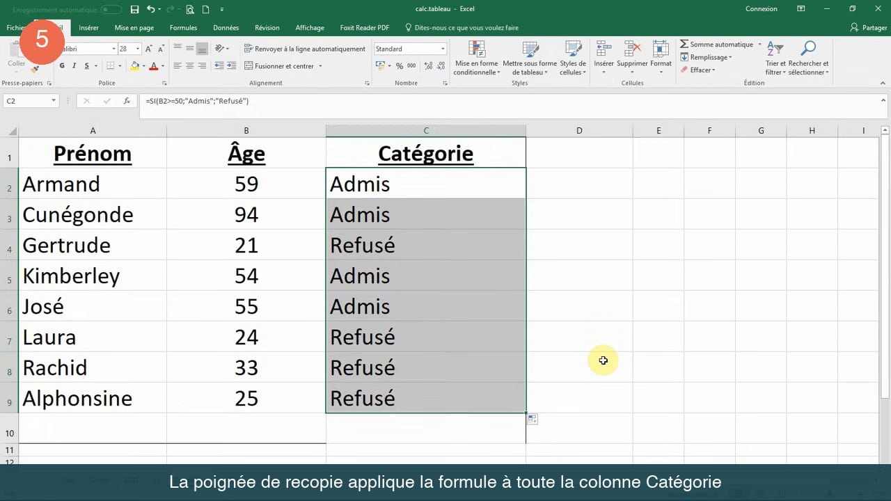 Colonne Catégorie entièrement remplie après recopie : Admis pour les 50 ans et plus, Refusé pour les autres