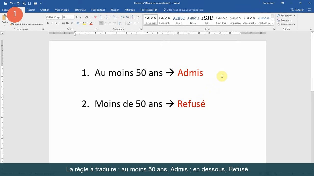 Document de préparation avec la règle en deux lignes : au moins 50 ans donne Admis, moins de 50 ans donne Refusé