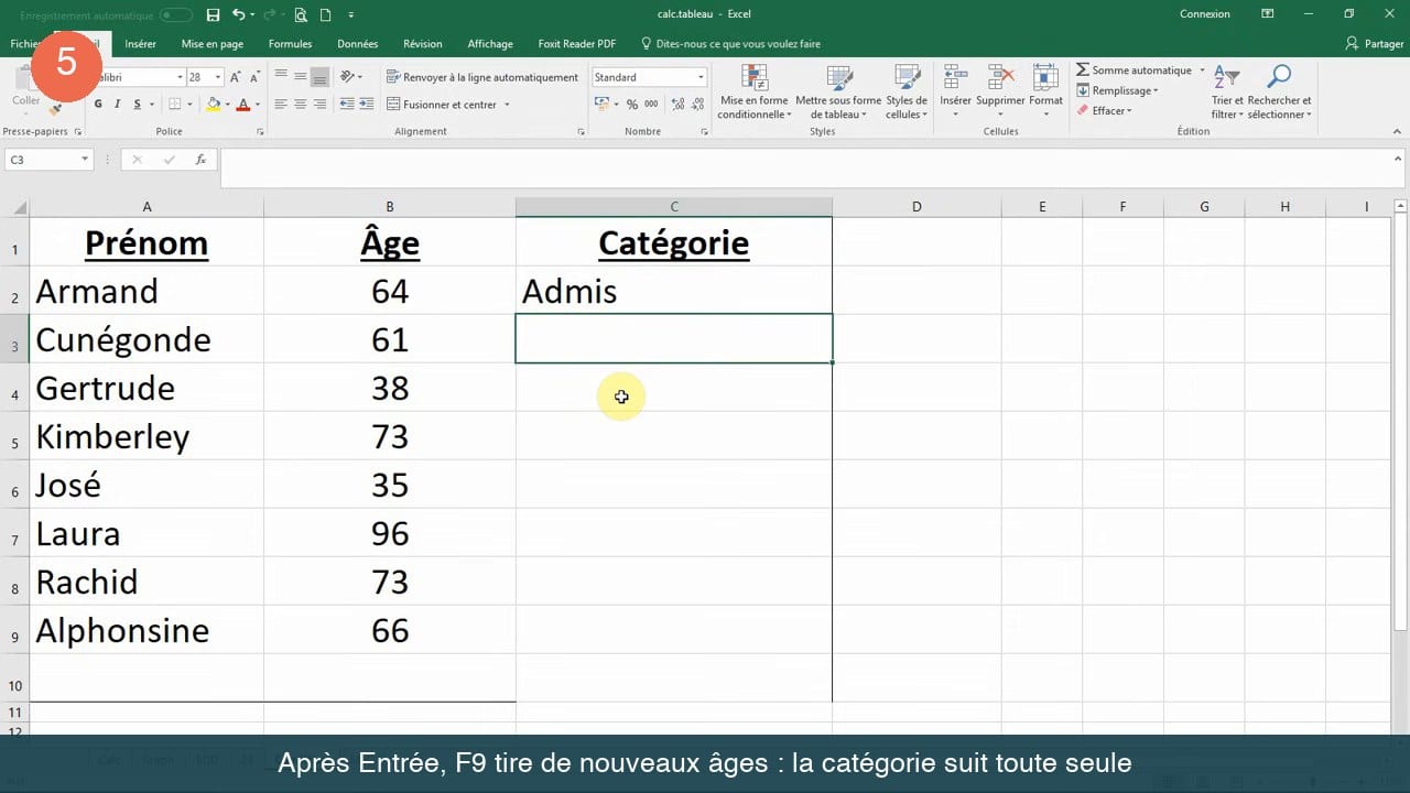 Après validation, la cellule C2 affiche Admis pour Armand dont l’âge est de 64 ans