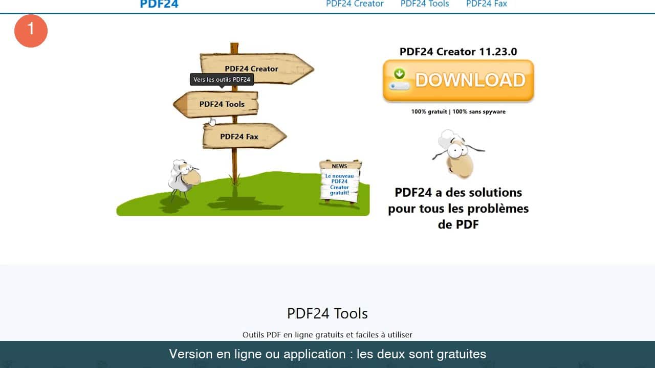 Page d’accueil de PDF24 avec le bouton de téléchargement de l’application et le lien vers les outils en ligne
