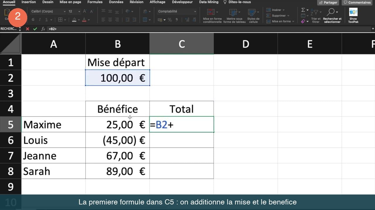Saisie de la formule égale B2 plus B5 dans la cellule C5 d'Excel, la cellule B2 étant encadrée en bleu