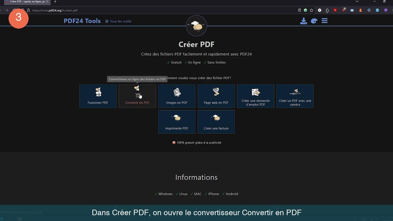 Écran Créer PDF proposant huit méthodes dont Convertir en PDF, Fusionner PDF et Images en PDF