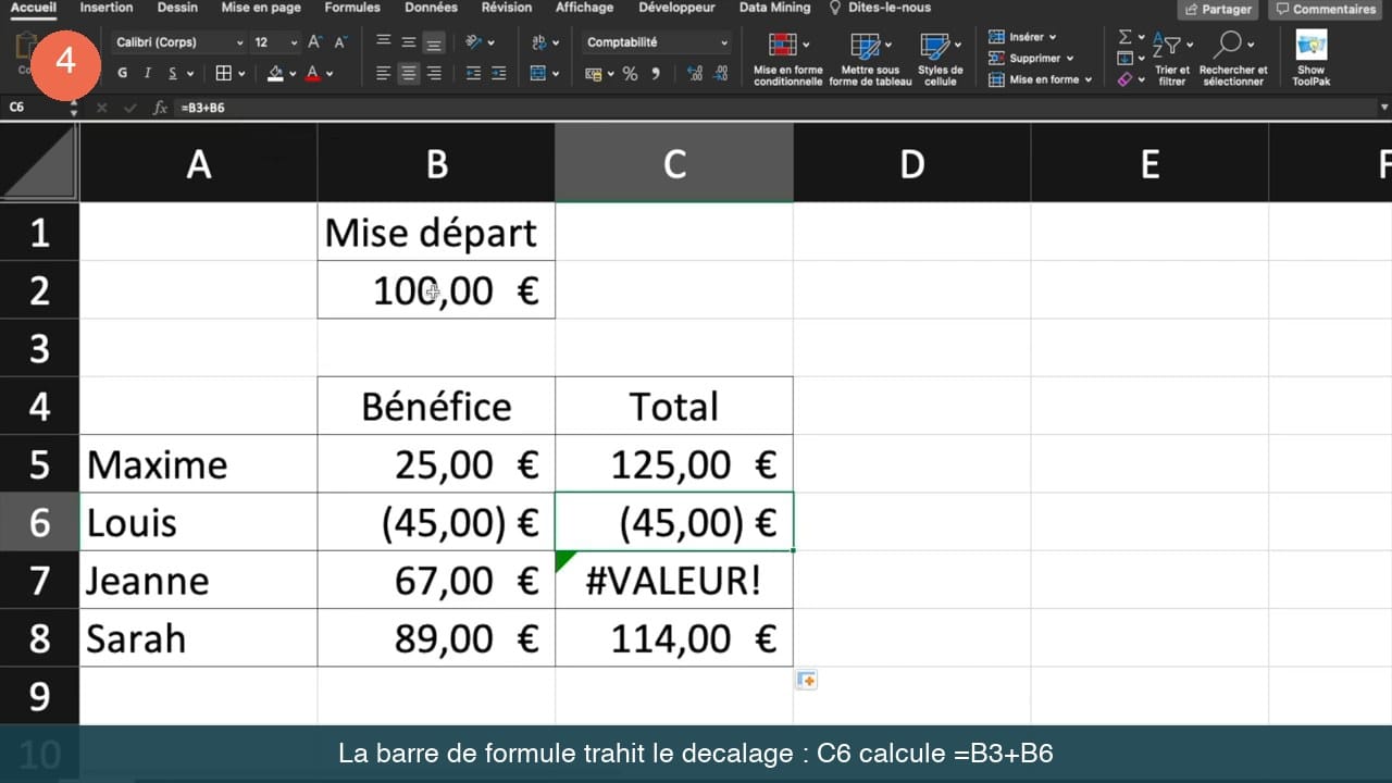 Barre de formule d'Excel affichant égale B3 plus B6 pour la cellule C6 après recopie vers le bas