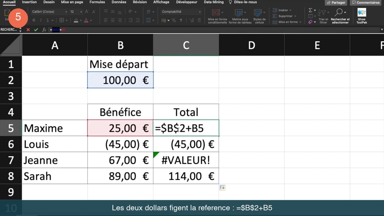 Formule Excel égale dollar B dollar 2 plus B5 en cours d'édition dans la cellule C5