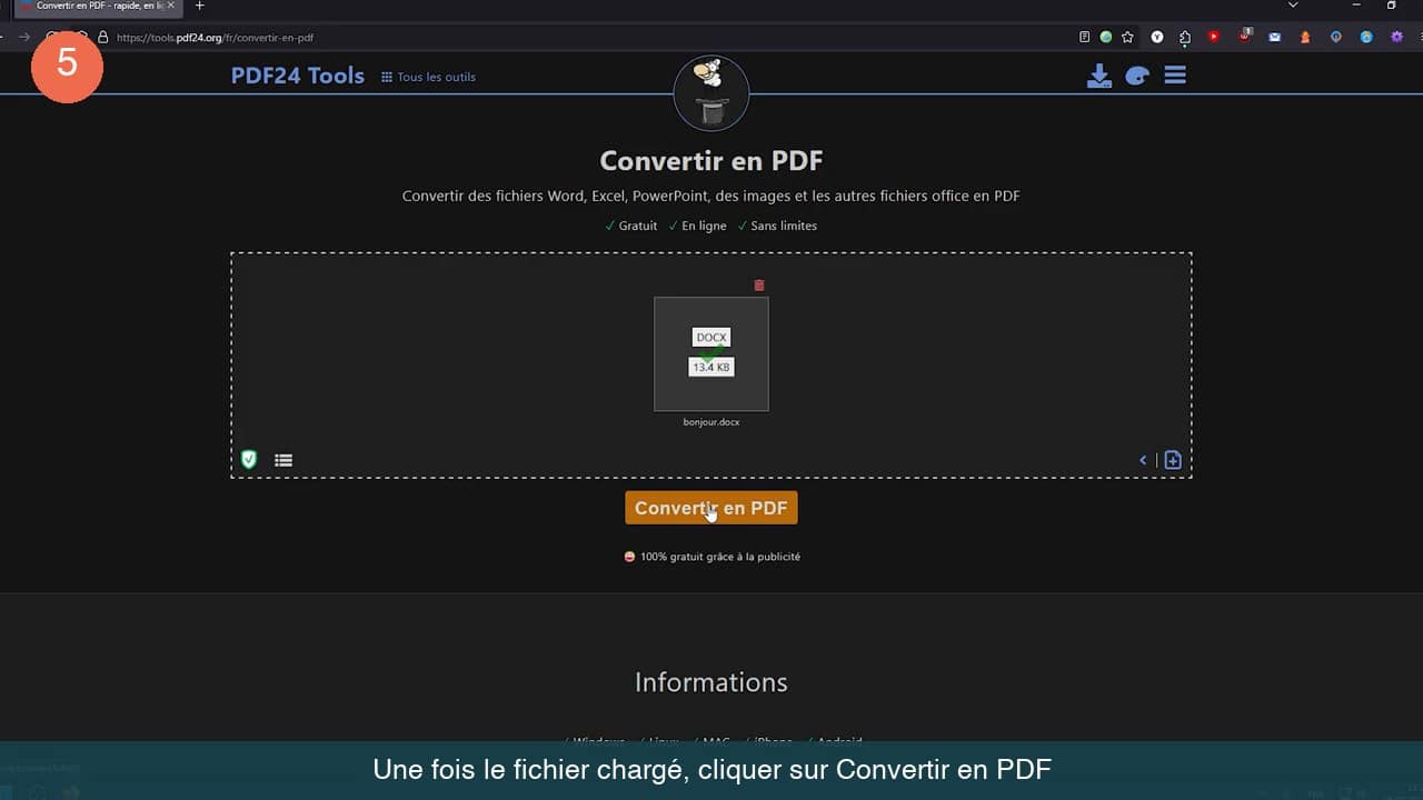 Vignette du document Word chargé au-dessus du bouton orange Convertir en PDF