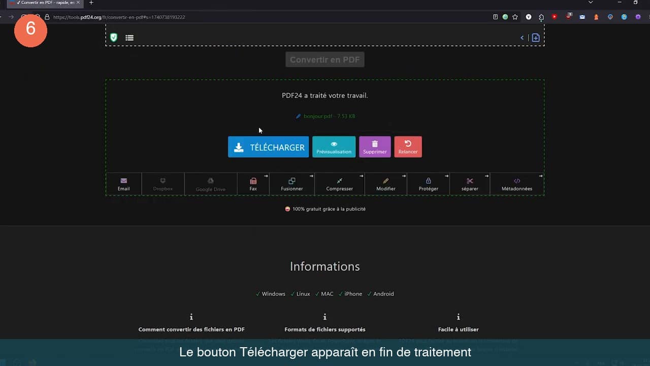 Écran de fin de traitement avec le bouton Télécharger et les actions de suivi comme fusionner ou compresser