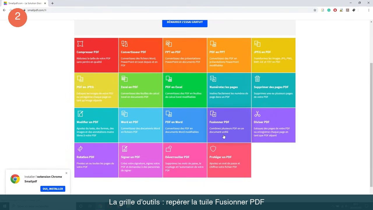 Grille de tuiles colorées des outils PDF en ligne, la tuile violette Fusionner PDF est survolée par le curseur