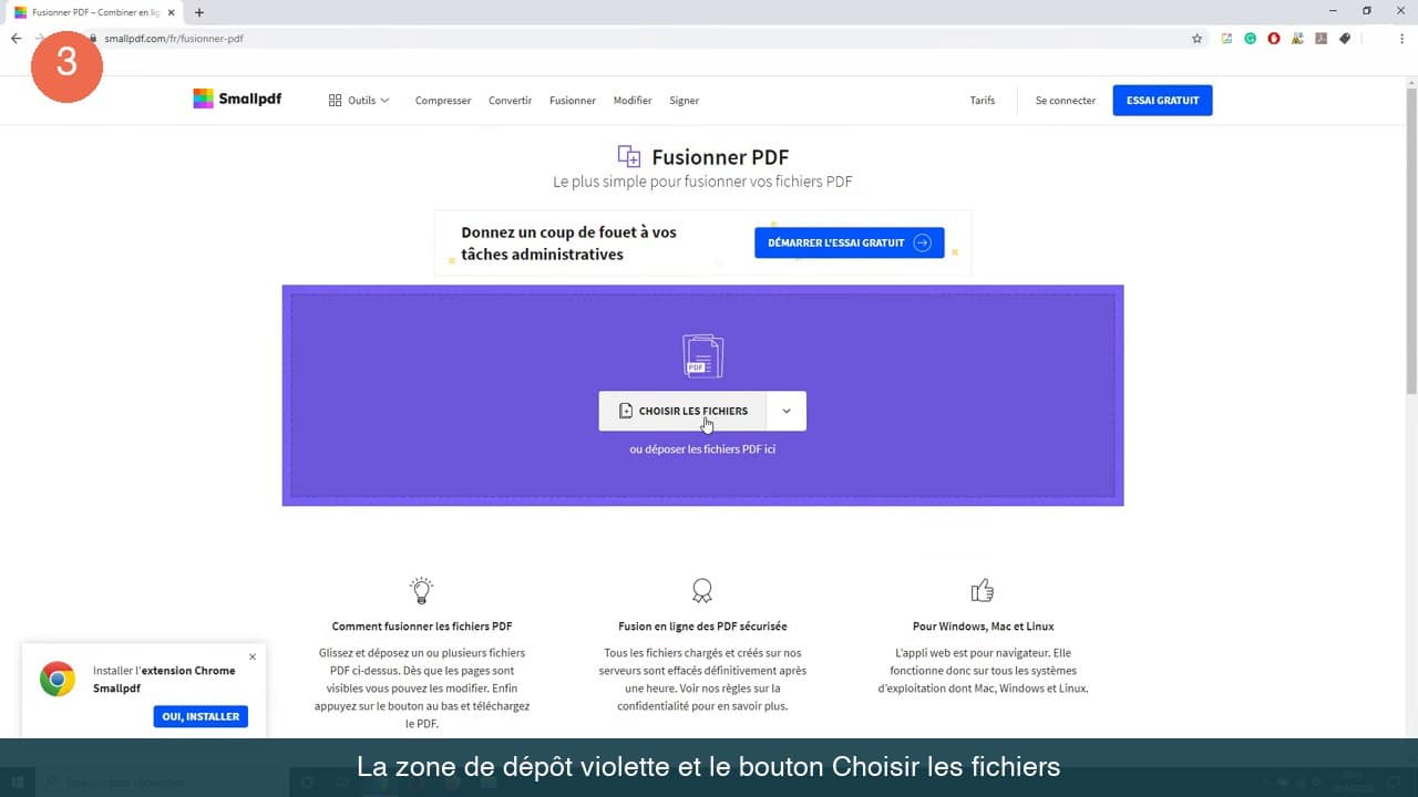 Zone de dépôt violette avec le bouton Choisir les fichiers et la mention ou déposer les fichiers PDF ici