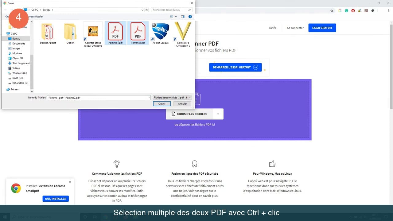 Fenêtre d ouverture de fichiers Windows avec les deux PDF sélectionnés simultanément et leurs noms dans le champ Nom du fichier
