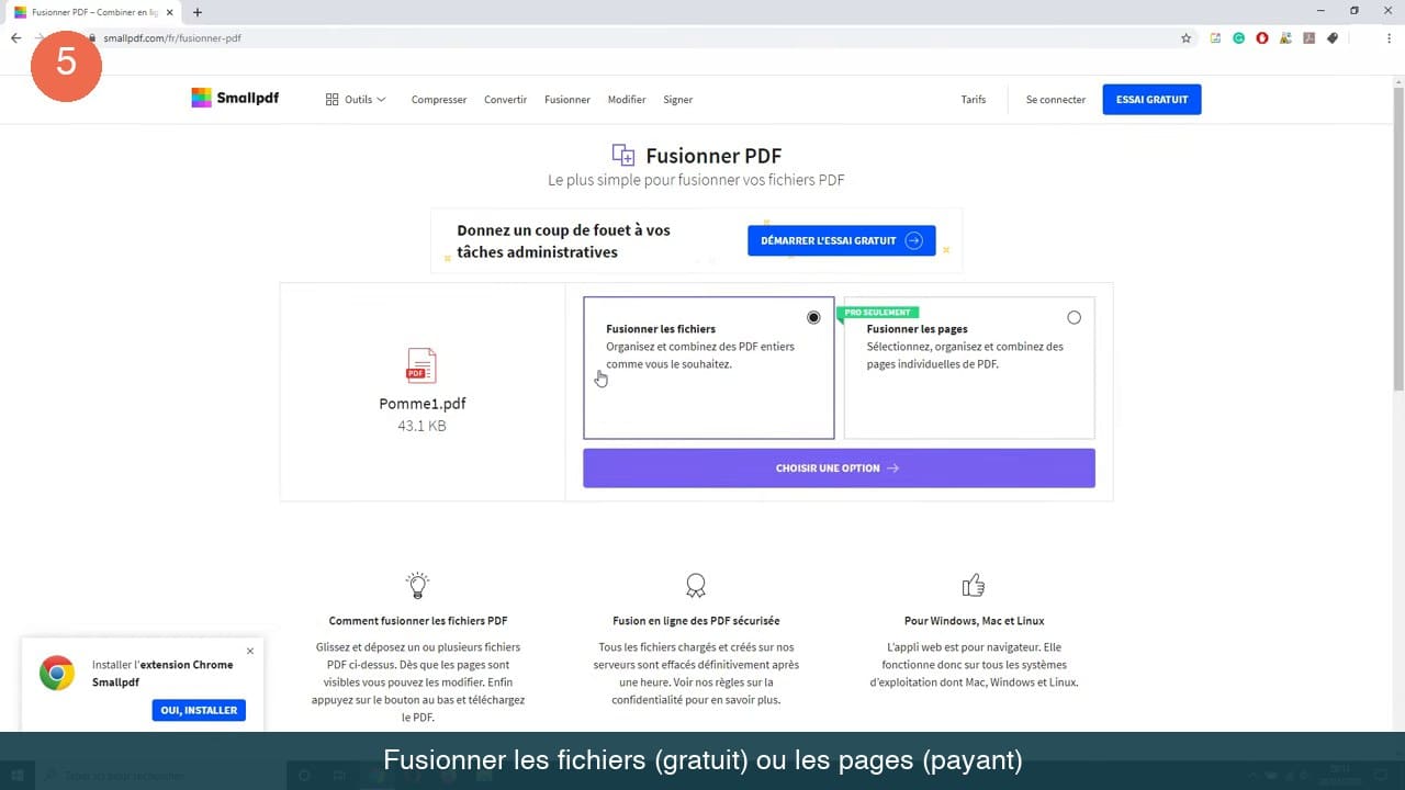 Écran de choix entre l option Fusionner les fichiers et l option Fusionner les pages marquée Pro seulement
