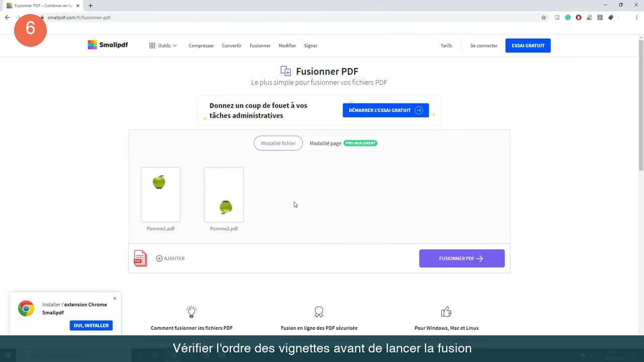 Les deux PDF affichés en vignettes avec leurs noms, le bouton Ajouter et le bouton violet Fusionner PDF