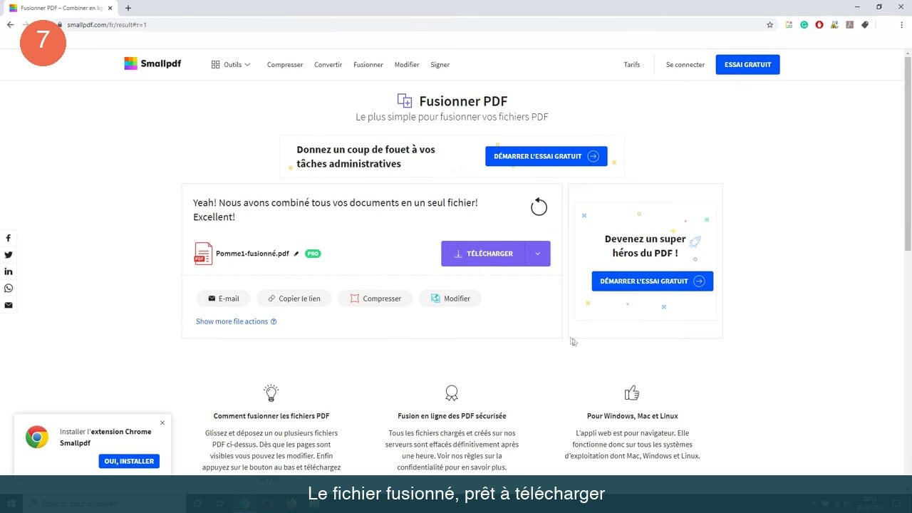 Écran de confirmation de la fusion avec le nom du fichier obtenu et le bouton violet Télécharger