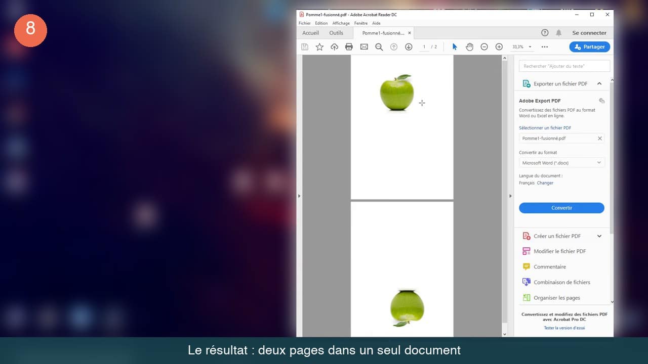Le PDF fusionné ouvert dans un lecteur affichant deux pages, la seconde à l envers