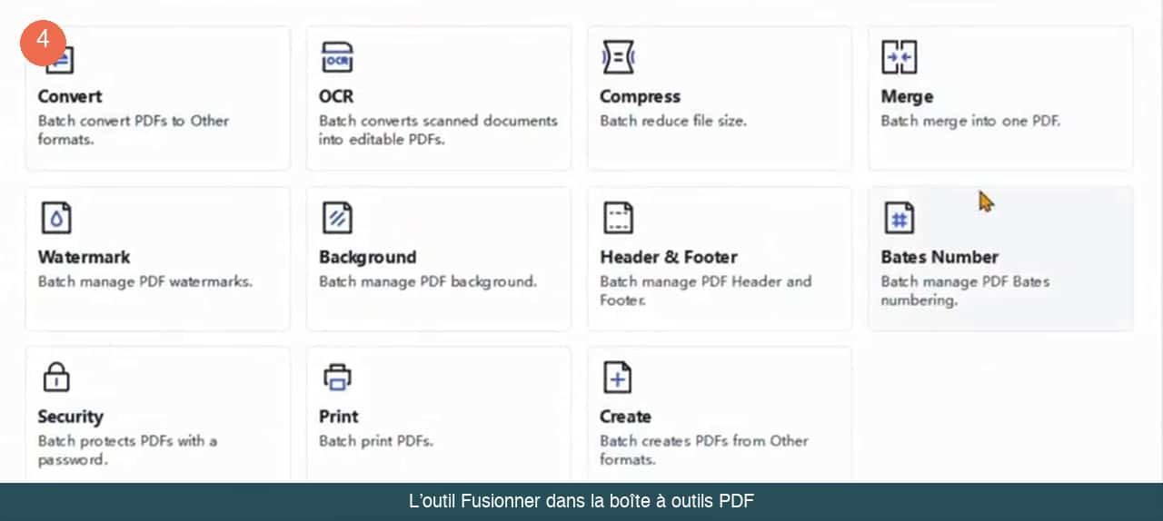 Boîte à outils PDF d’un logiciel de bureau affichant les fonctions Convert, OCR, Compress et Merge