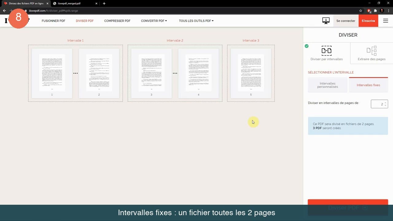 Panneau Diviser avec l’option Intervalles fixes réglée sur deux pages et l’aperçu du résultat