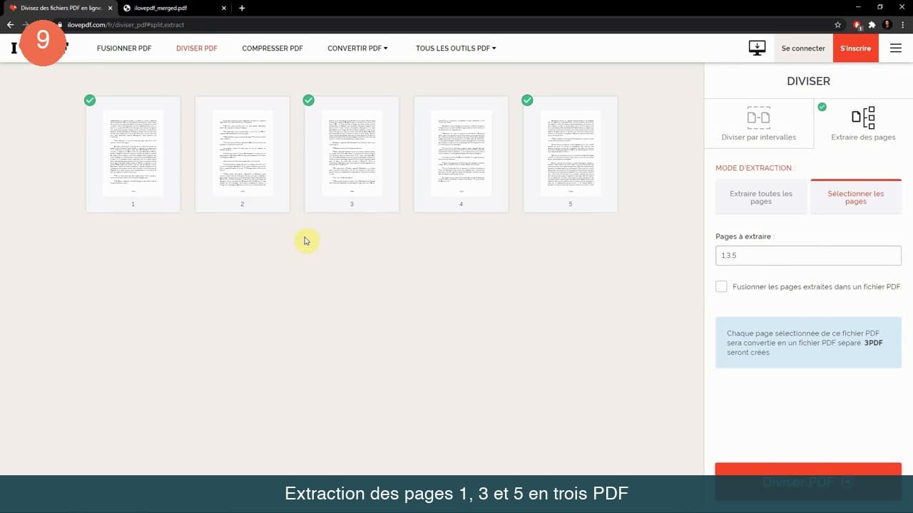 Mode Extraire des pages avec la liste 1,3,5 saisie et les vignettes correspondantes cochées