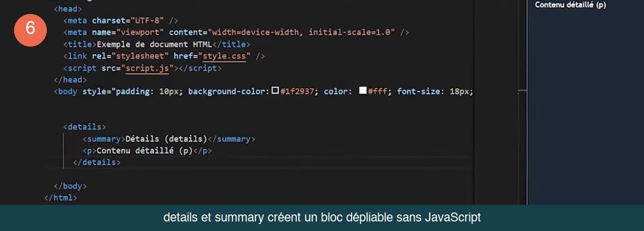 Code HTML d’une balise details contenant un summary et un paragraphe, avec le contenu déplié visible dans l’aperçu