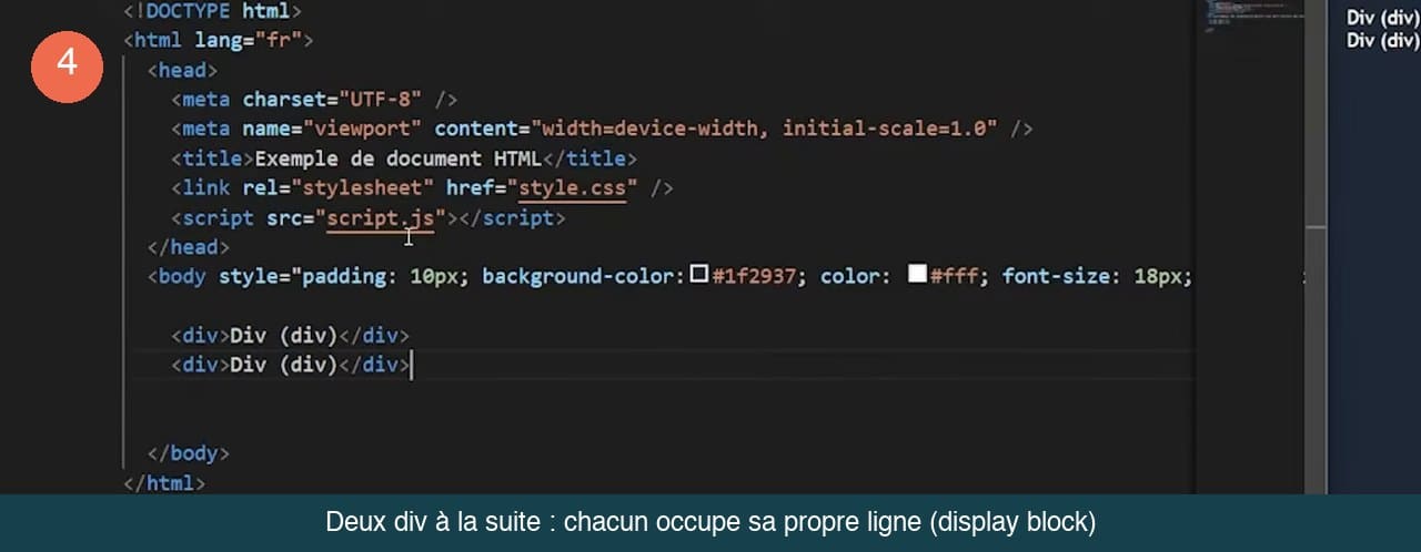 Code HTML avec deux balises div consécutives et l’aperçu montrant les deux textes empilés sur deux lignes