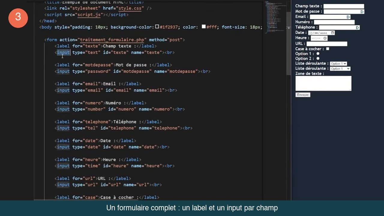 Code HTML d’un formulaire avec un label et un input par type de champ à gauche, et le formulaire rendu avec ses champs, cases et liste déroulante à droite