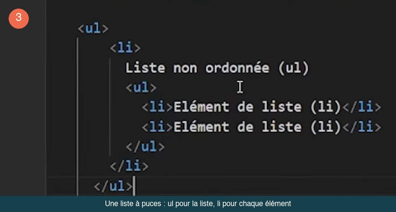 Code HTML d’une liste non ordonnée ul contenant un li qui imbrique lui-même une seconde liste ul avec deux li