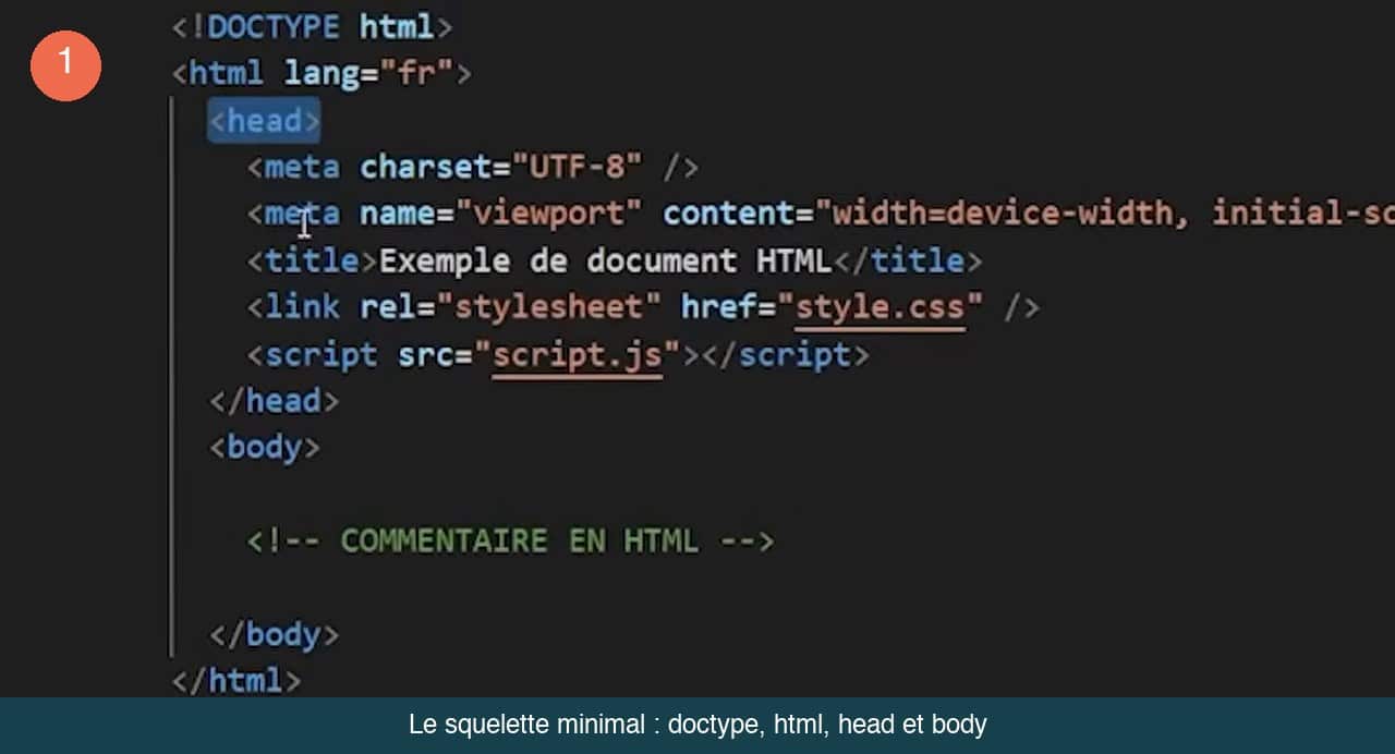 Code HTML d’une page minimale avec doctype, html, head contenant meta, title, link et script, puis body avec un commentaire