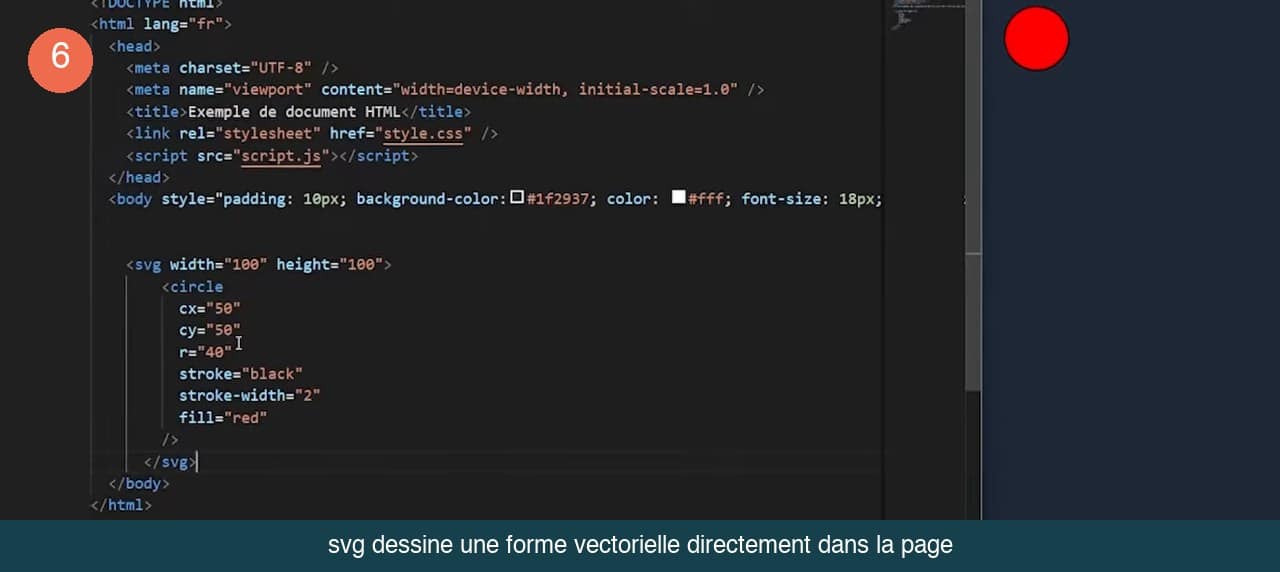 Code HTML d’une balise svg contenant un cercle rouge avec contour noir, et le cercle rendu dans l’aperçu à droite