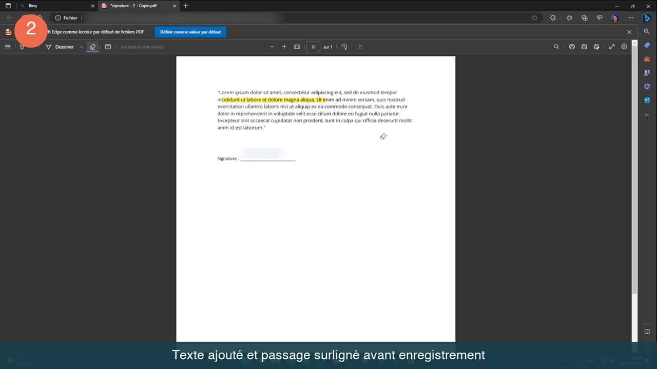 Passage surligné en jaune et texte ajouté au-dessus de la ligne de signature dans un PDF ouvert dans Edge