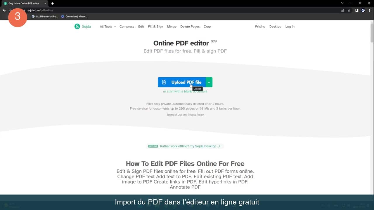 Page de l’éditeur PDF en ligne avec le bouton Upload PDF file et les limites du service gratuit