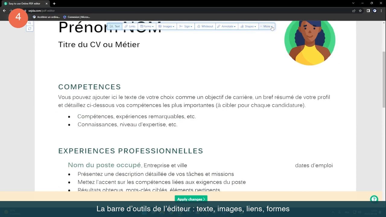 Barre d’outils de l’éditeur PDF en ligne avec les menus Text, Links, Forms, Images, Sign, Whiteout, Annotate et Shapes