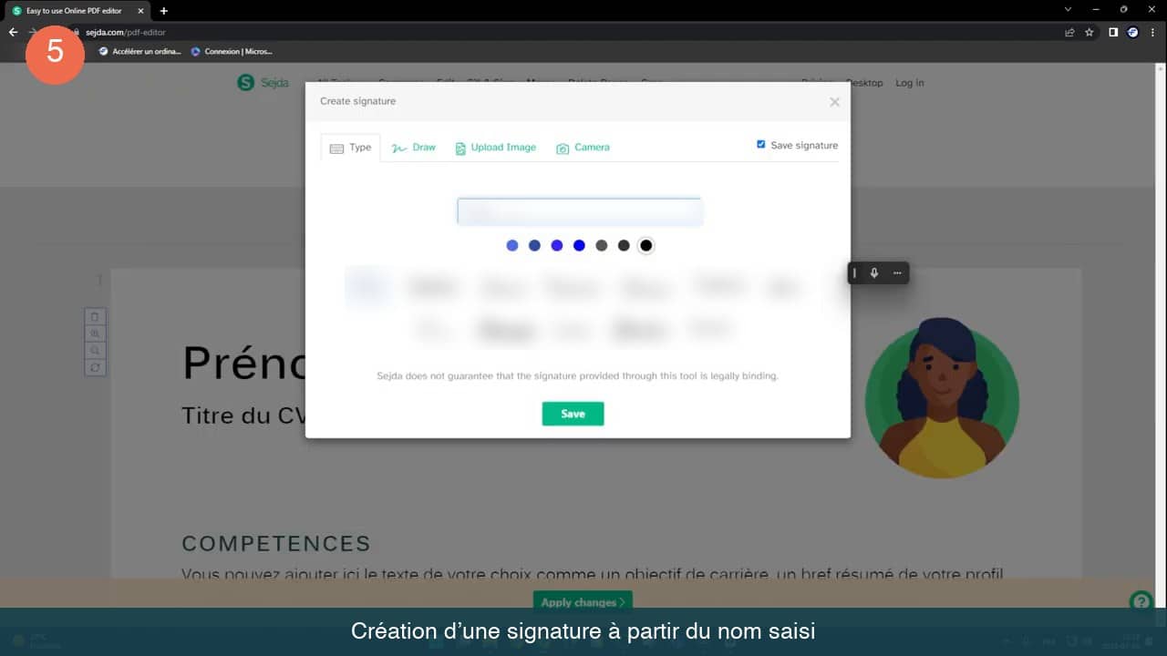 Fenêtre Create signature de l’éditeur en ligne avec les onglets Type, Draw, Upload Image et Camera