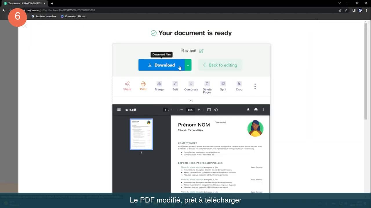 Message Your document is ready avec le bouton Download et les actions Share, Print, Merge, Edit, Compress