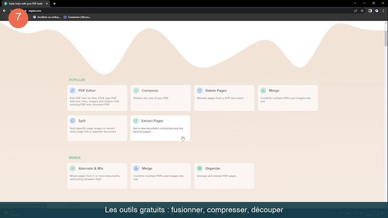 Grille des outils PDF gratuits en ligne : PDF Editor, Compress, Delete Pages, Merge, Split, Extract Pages