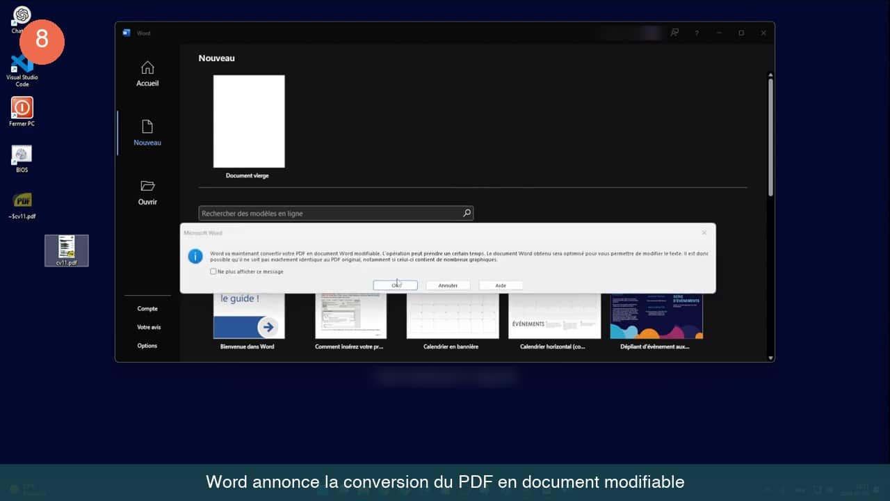 Message de Word annonçant la conversion du PDF en document Word modifiable, avec le bouton OK