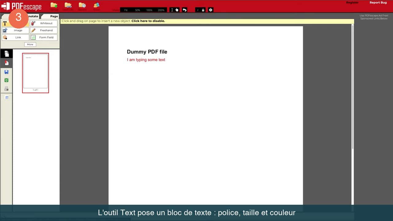 Bloc de texte rouge ajouté sur le PDF avec la barre de mise en forme police, taille et couleur