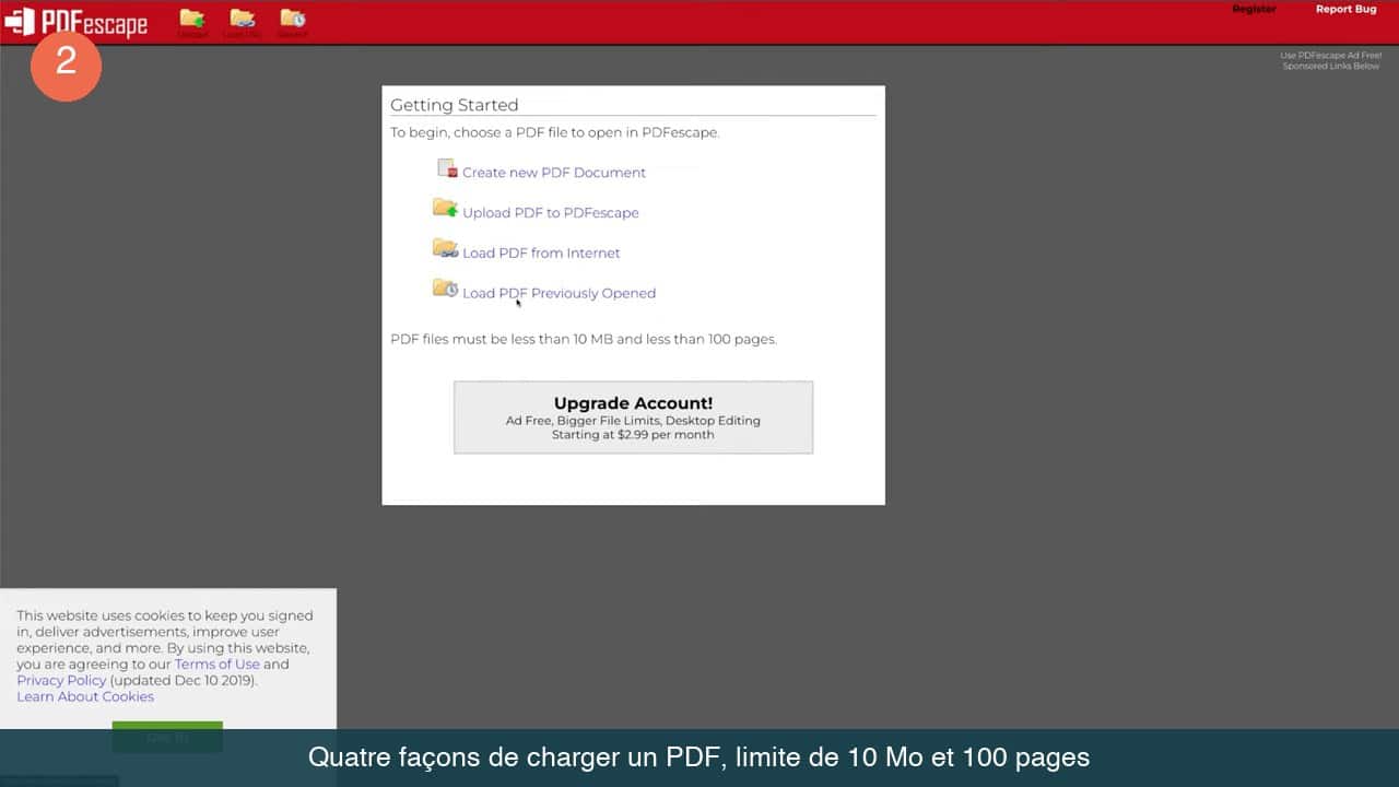 Écran Getting Started listant les quatre options de chargement d'un PDF et la limite de 10 Mo et 100 pages