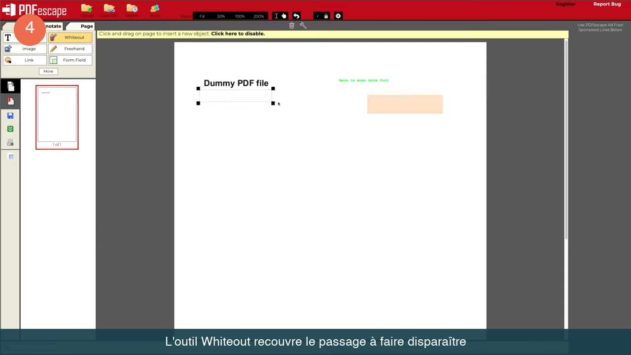 Outil Whiteout sélectionné et rectangle blanc tracé par-dessus une ligne de texte du PDF