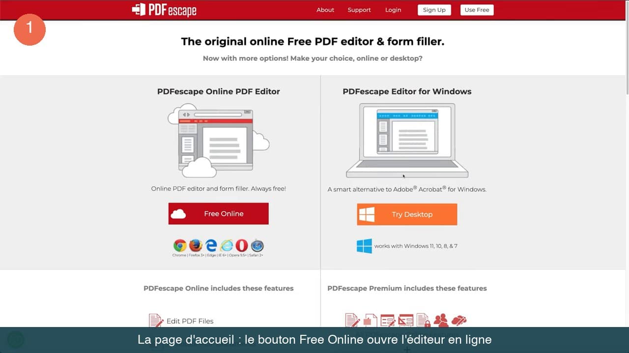 Page d'accueil de PDFescape avec le bouton Free Online à gauche et l'éditeur pour Windows à droite