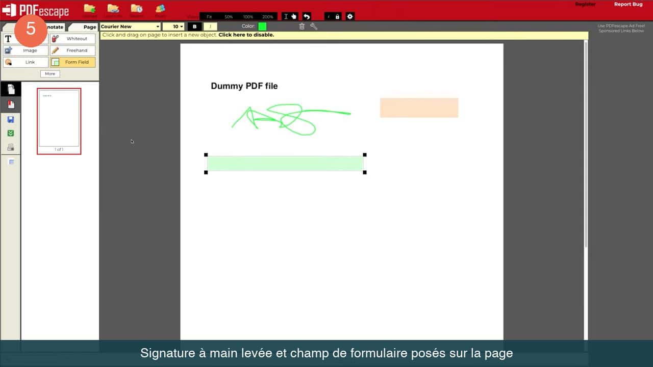 Signature tracée à main levée sur le PDF et champ de formulaire vide posé en dessous