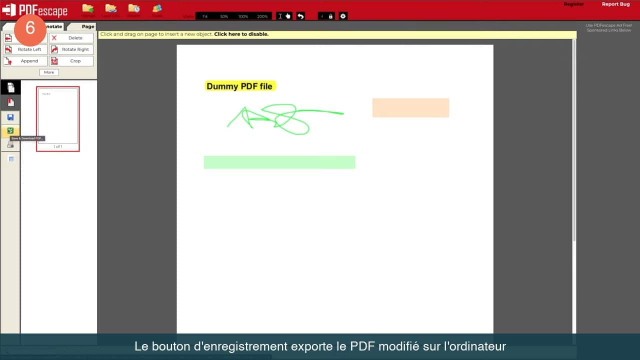 Colonne d'outils de PDFescape avec l'infobulle Save and Download PDF affichée