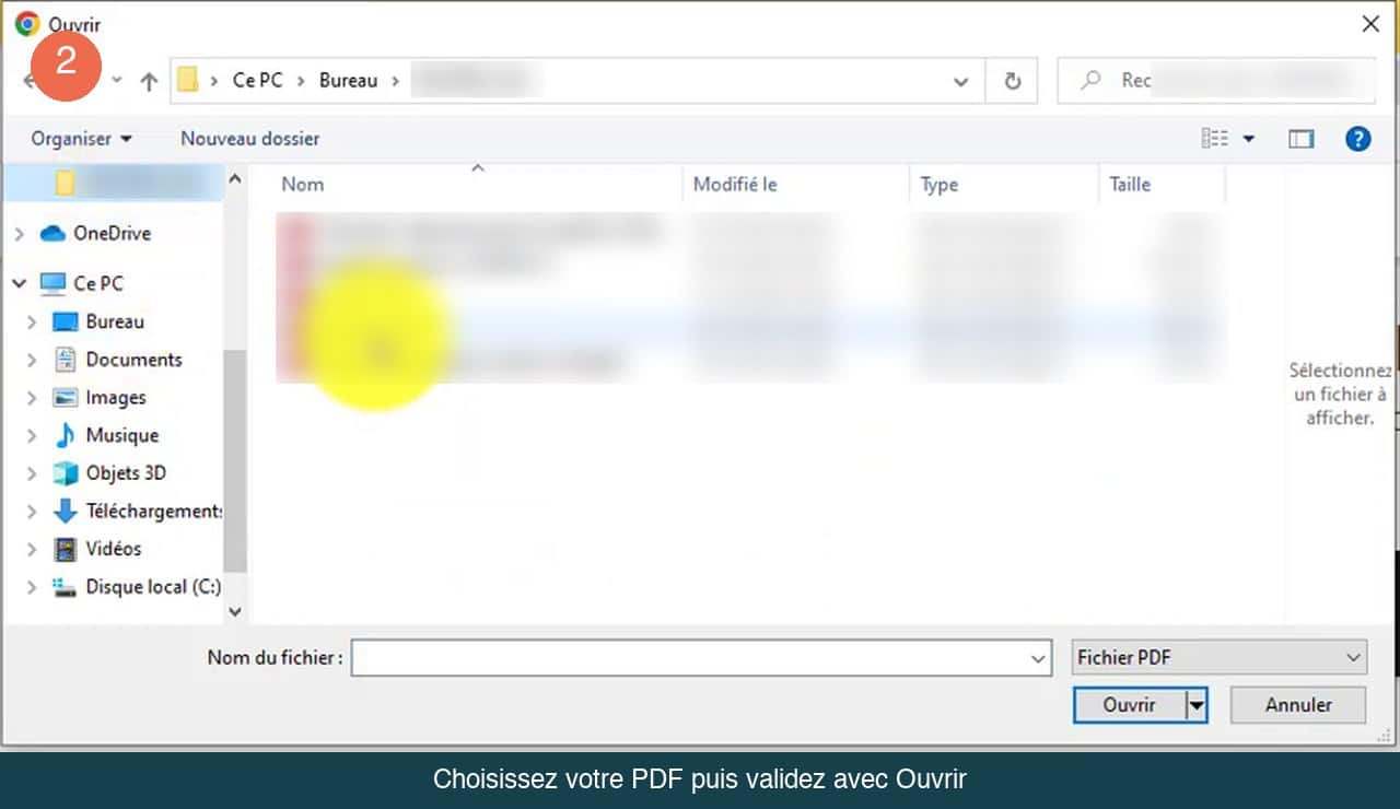 Fenêtre Ouvrir de Windows avec la liste des fichiers, le champ Nom du fichier et le bouton Ouvrir
