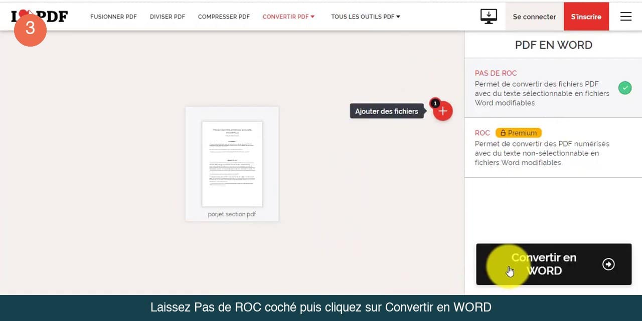 PDF importé dans l’outil avec le panneau PDF EN WORD, l’option Pas de ROC cochée et le bouton Convertir en WORD
