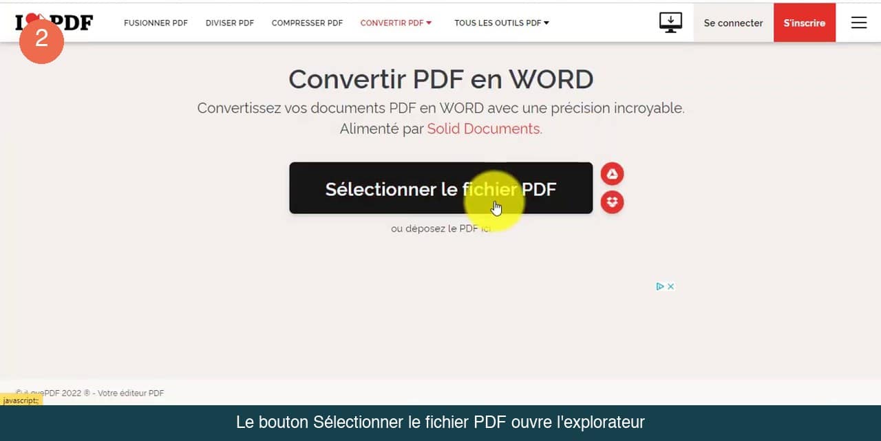 Page Convertir PDF en WORD avec le bouton Sélectionner le fichier PDF