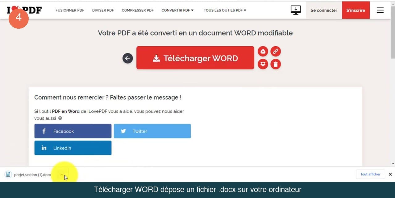 Page de résultat avec le bouton Télécharger WORD et le fichier .docx affiché dans la barre de téléchargements du navigateur