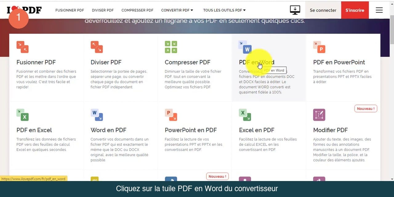 Page d’accueil du convertisseur en ligne avec la grille d’outils PDF et le curseur posé sur la tuile PDF en Word