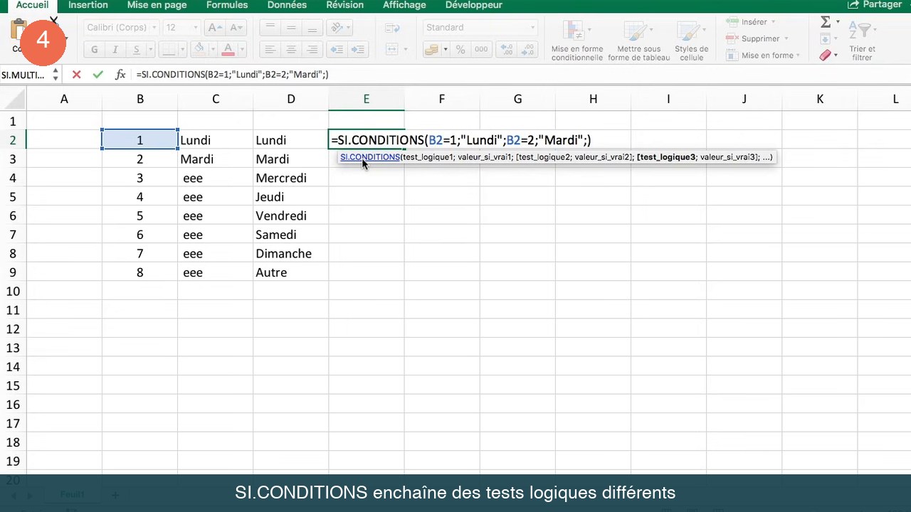 Barre de formule Excel montrant SI.CONDITIONS avec les tests B2=1 et B2=2 et son info-bulle