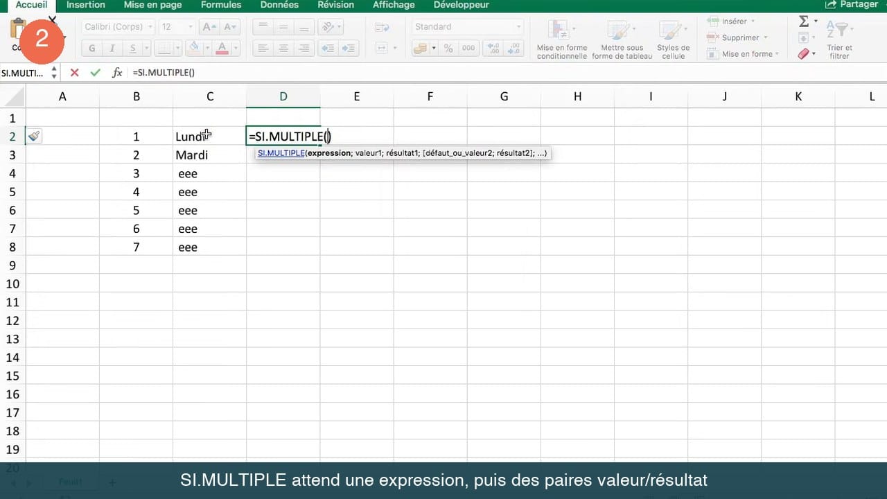 Info-bulle Excel affichant la syntaxe de SI.MULTIPLE avec expression, valeur1 et résultat1
