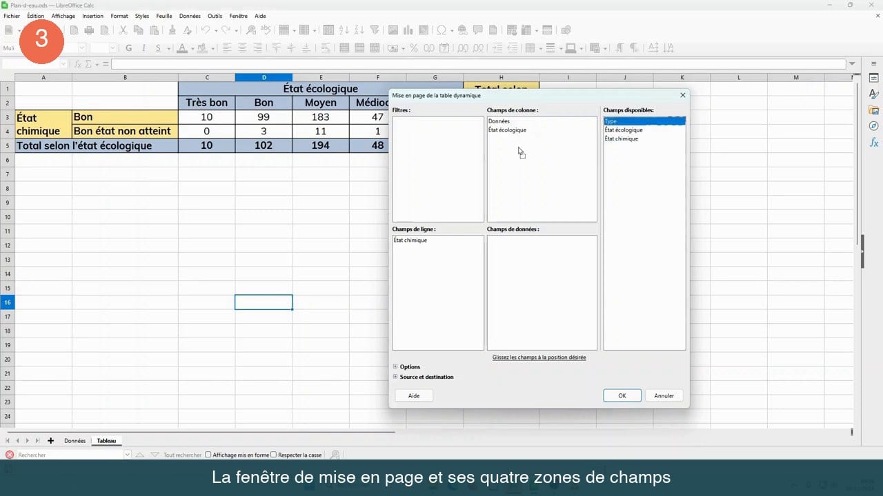 Fenêtre Mise en page de la table dynamique avec les zones Filtres, Champs de colonne, Champs de ligne et Champs de données