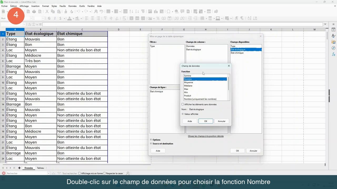 Boîte de dialogue Champ de données de LibreOffice Calc avec la fonction Nombre sélectionnée dans la liste